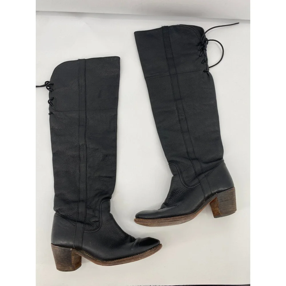 Free People Tall Lace Up Boots Women 38 Black Leather Block Heel Over The Knee